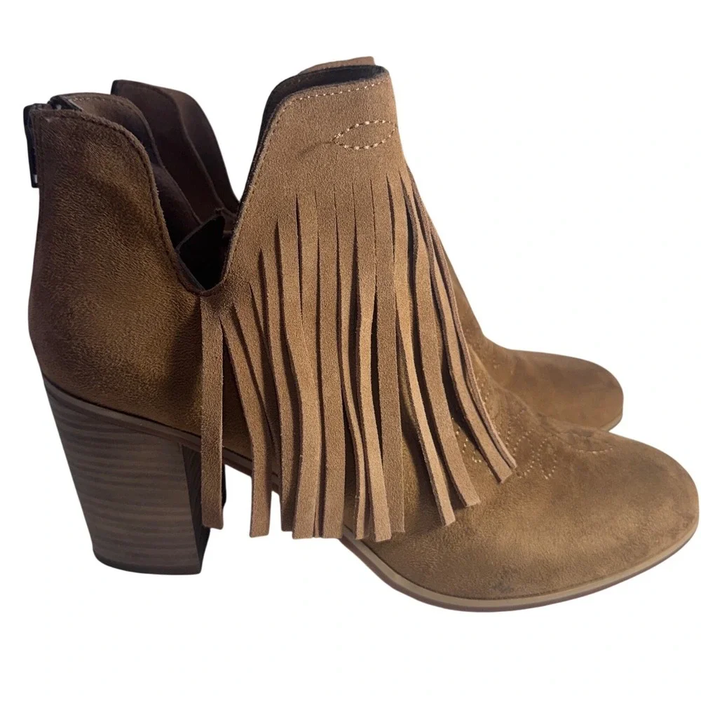 Ariat Brown Faux Suede Fringe‎ Western Ankle Boots Women 9.5 Block Heel Booties
